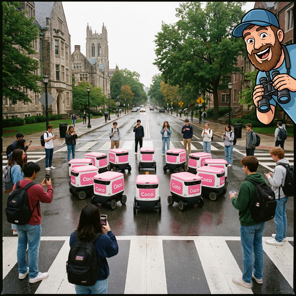 A realistic photograph of delivery robots in a circle and the site mascot peeping in.
