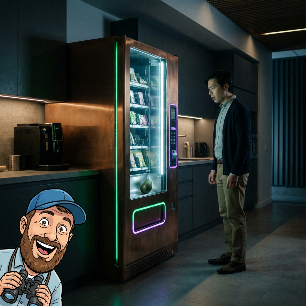A realistic photograph of a mind-reading vending machine and the site mascot peeping in.