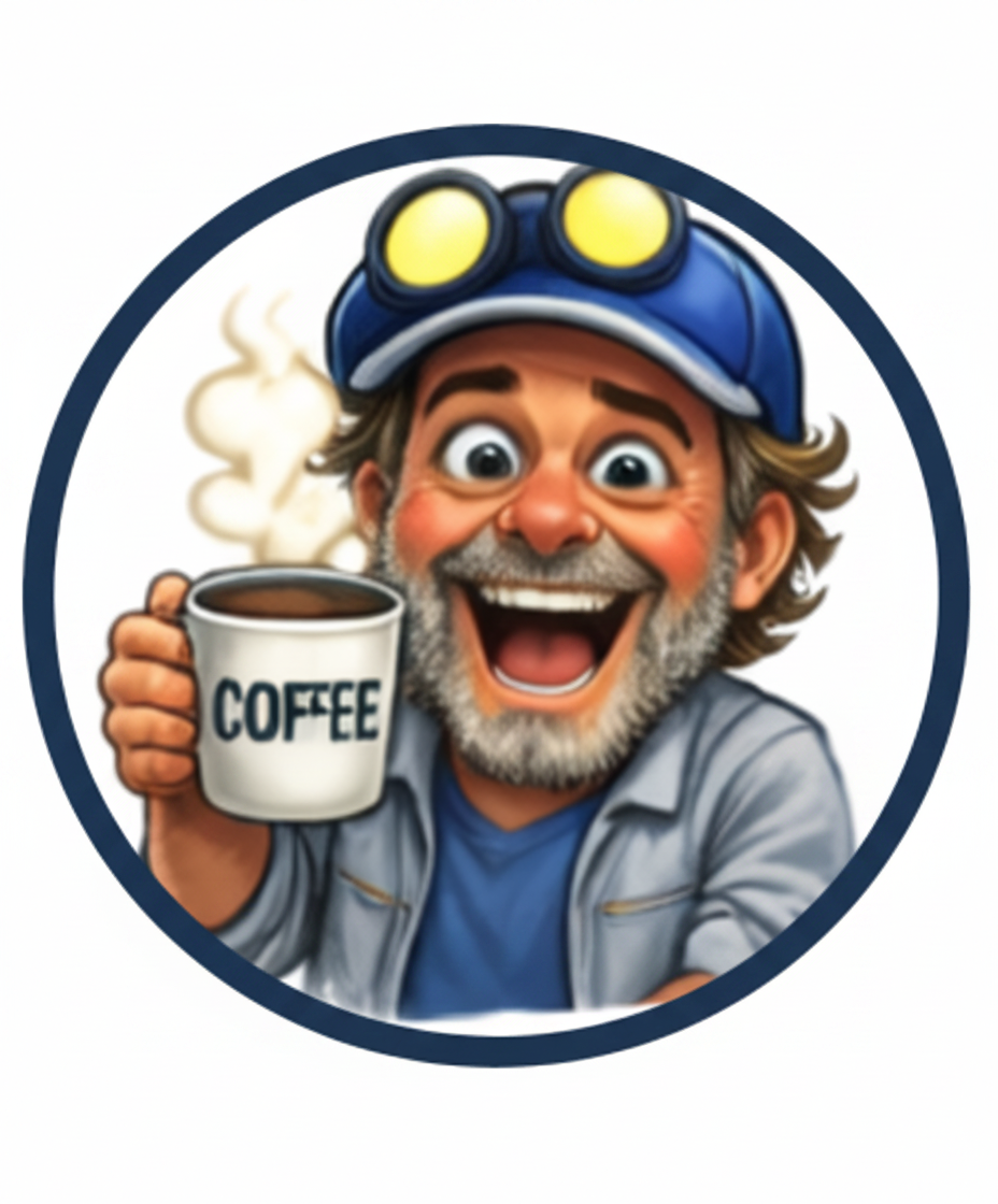 Howe Weird with a coffee cup in a round dark blue frame