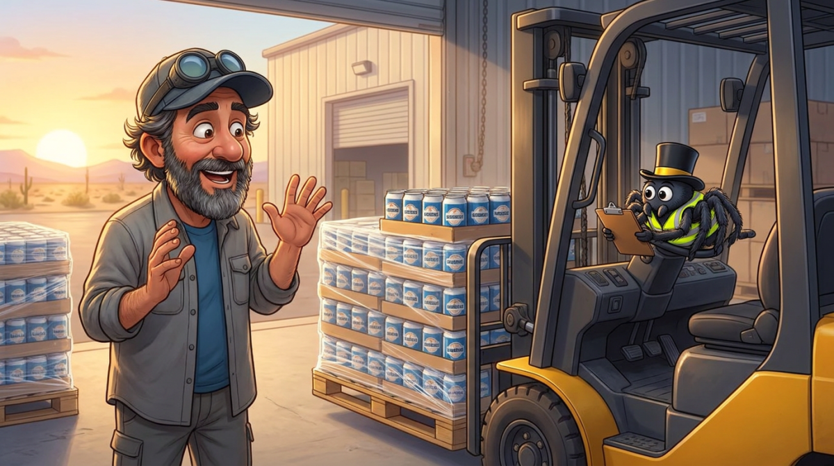 Bearded Howe Weird at a warehouse loading dock with beer pallets while Pip the top-hat-wearing pet spider sits near a forklift holding a clipboard