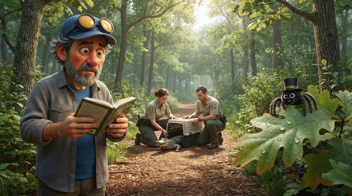Howe Weird and little Pip in 3D cinematic style watch rescuers contain a small alligator at a New York nature preserve