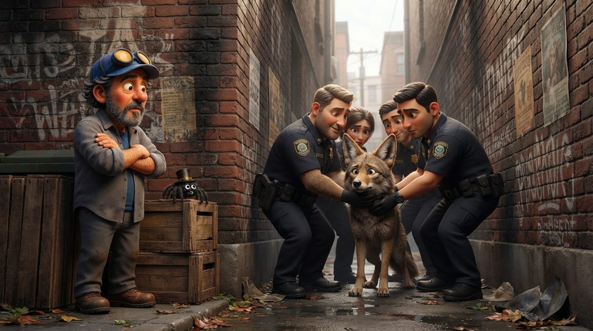 Howe Weird and little Pip in 3D cinematic style watch animal control rescue a coyote between Pittsburgh walls