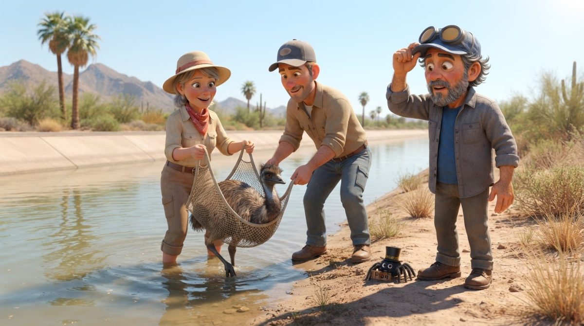 Howe Weird and little Pip in 3D cinematic style watch neighbors rescue an emu from an Arizona canal