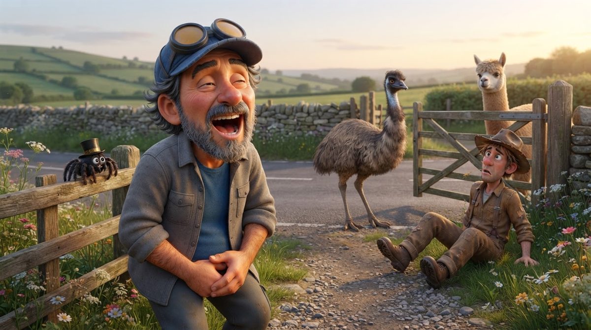 Howe Weird and little Pip in 3D cinematic style watch an escaped emu win a roadside wrestling match in England