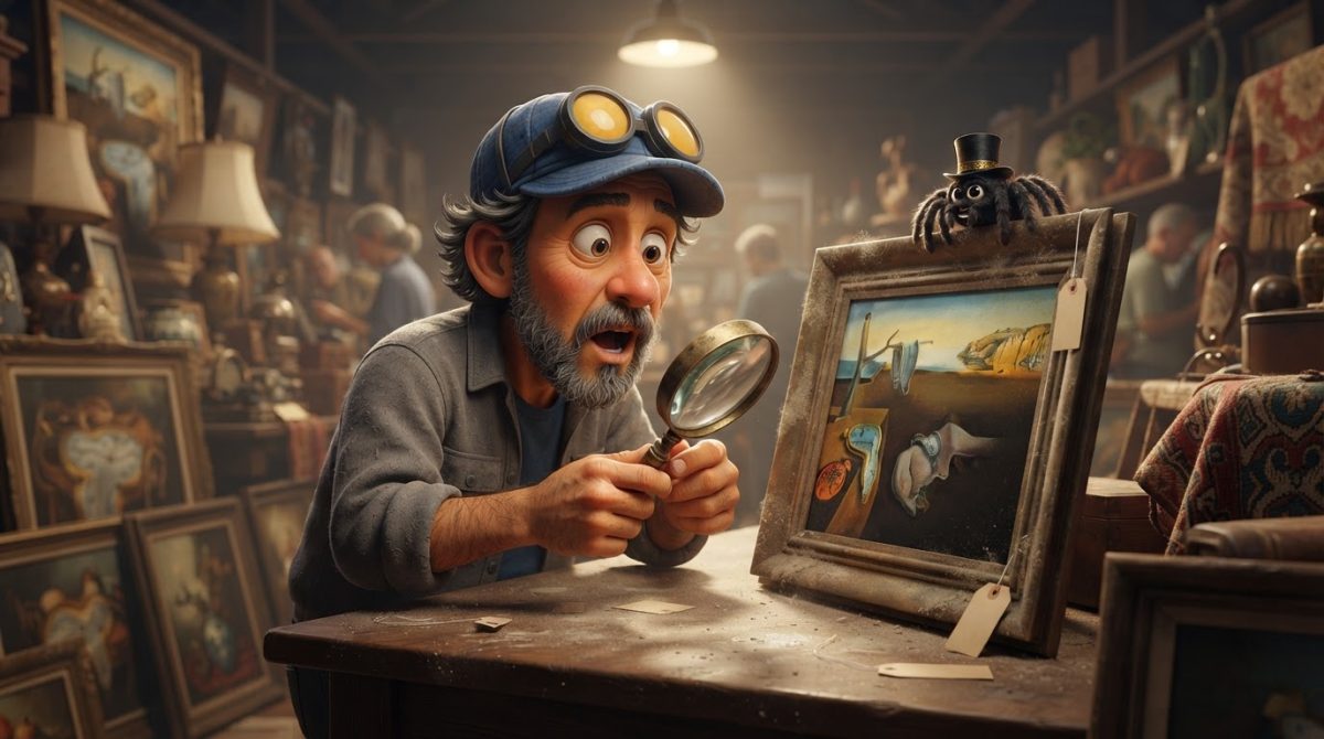 Howe Weird and little Pip in 3D cinematic style discover a valuable painting at an estate sale