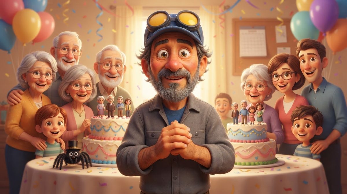 Howe Weird and little Pip in 3D cinematic style celebrate five generations sharing one birthday