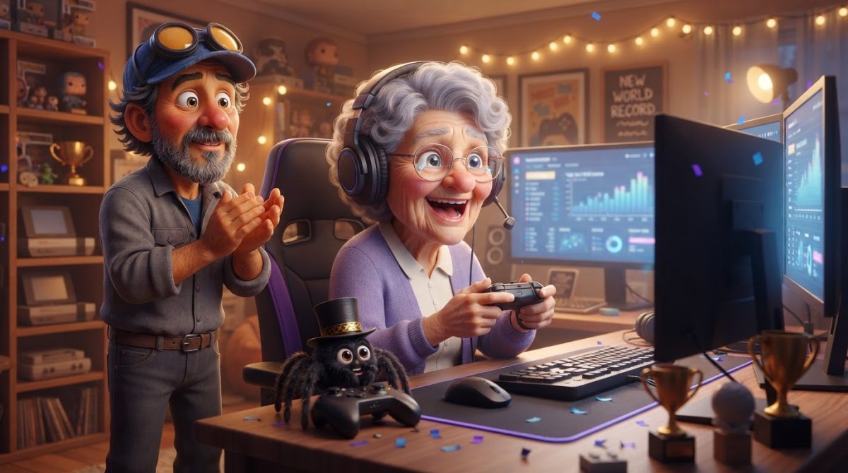 Howe Weird and little Pip in 3D cinematic style celebrate a 78-year-old gamer grandma world record