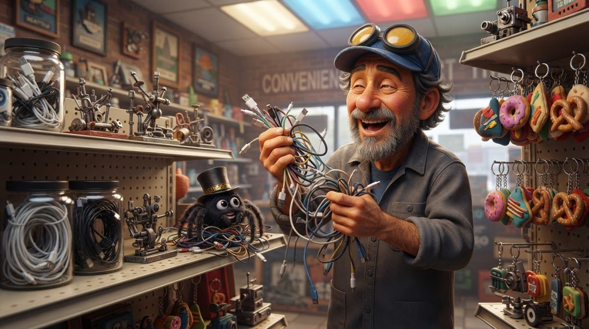 Howe Weird and little Pip in 3D cinematic style inspect pre-tangled USB cords at a quirky inconvenience store