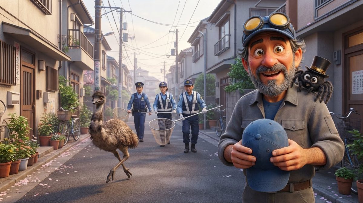 Howe Weird and little Pip in 3D cinematic style watch police calmly chase an escaped emu in Japan