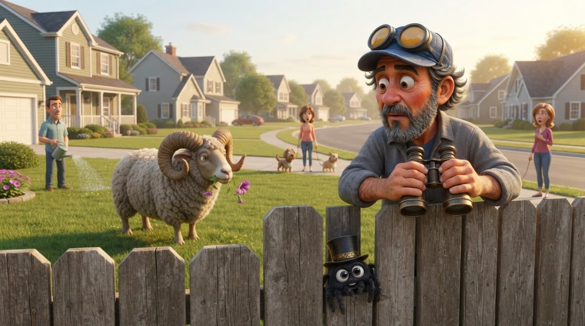 Howe Weird and little Pip in 3D cinematic style keep a safe distance from a loose ram in Ohio