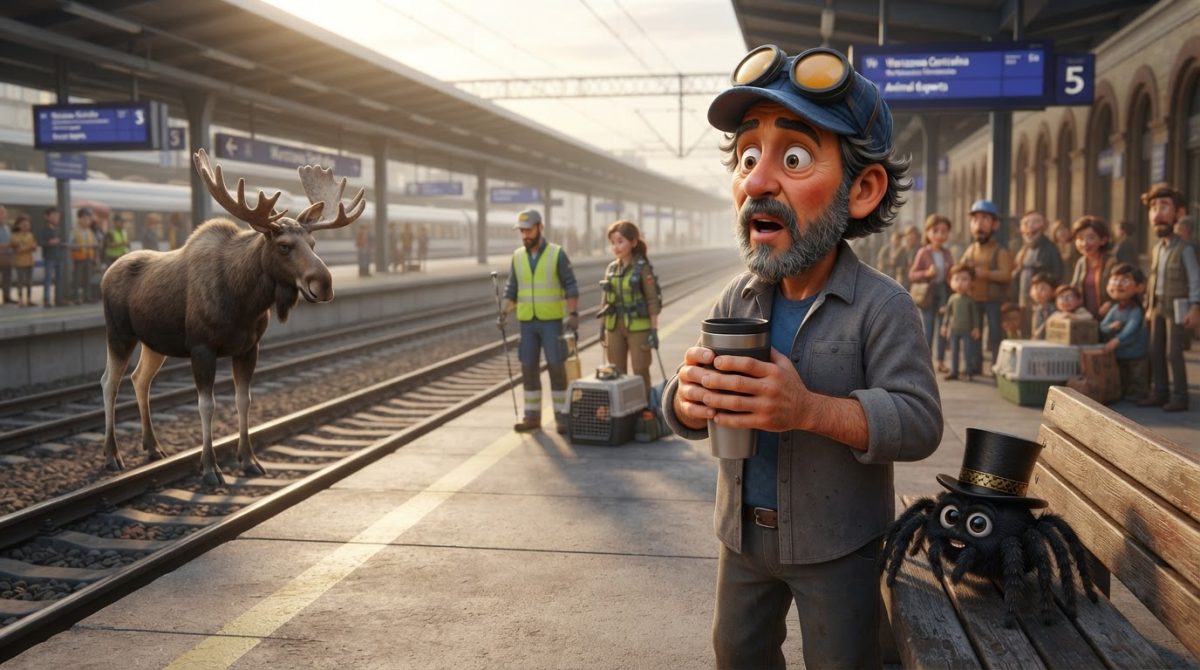 Howe Weird and little Pip in 3D cinematic style watch a moose delay trains on Warsaw tracks