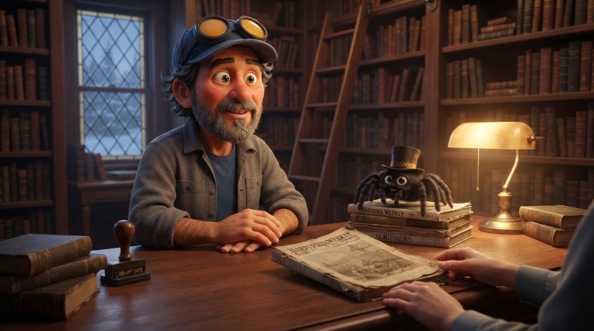 Howe Weird and little Pip in 3D cinematic style see an old magazine returned to a New Hampshire library