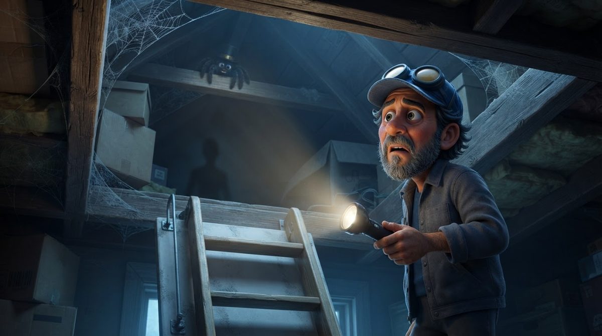 Howe Weird investigates attic noises in a 3D cinematic scene while little Pip hides in the picture