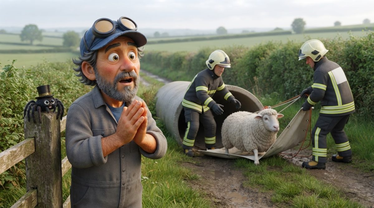 Howe Weird and little Pip in 3D cinematic style watch firefighters rescue Rambo the ram from a pipe