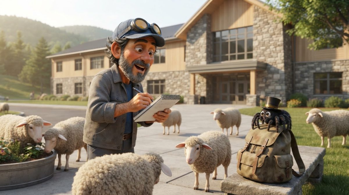 Howe Weird and little Pip in 3D cinematic style watch escaped sheep visit a Vermont high school