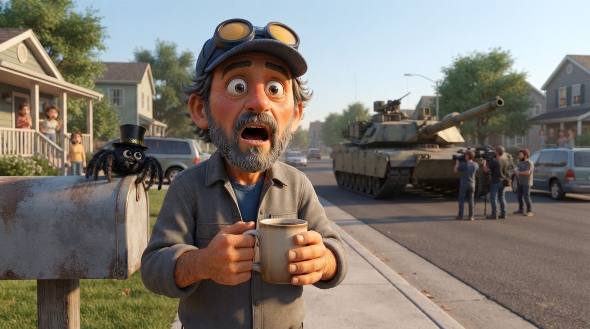 Howe Weird and little Pip in 3D cinematic style react to a tank rolling through a Colorado neighborhood for filming