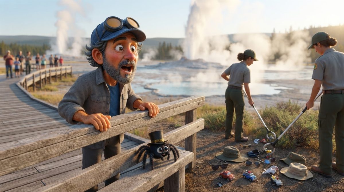 Howe Weird and little Pip in 3D cinematic style watch Yellowstone workers collect hats and visitor items near geysers
