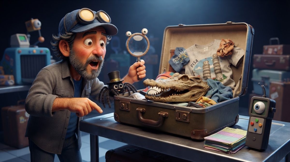 Howe Weird and Pip in an airport customs scene with an unusual crocodile-head luggage discovery
