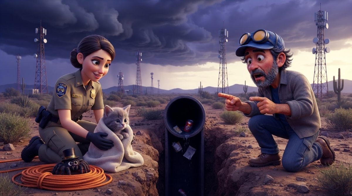 Howe Weird and Pip beside an El Paso utility pipe as a tiny gray kitten is rescued