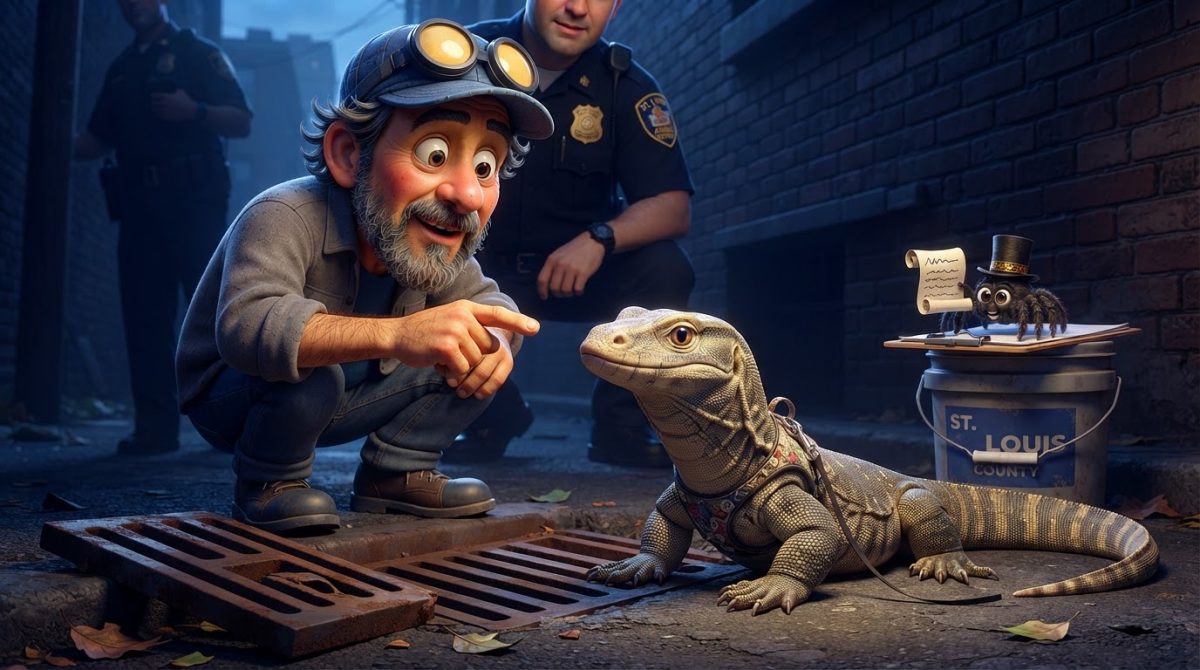 Howe Weird and Pip near a storm drain with a rescued friendly monitor lizard