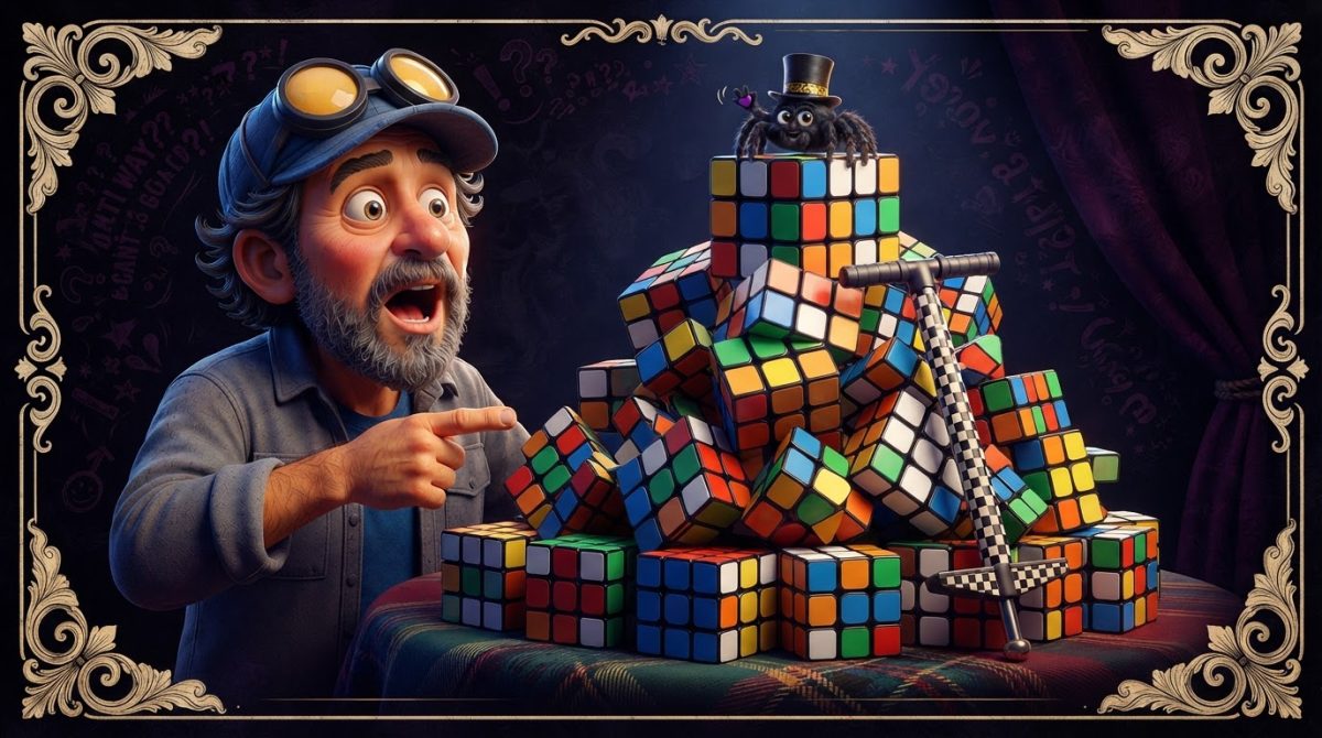 Howe Weird and Pip reacting to puzzle cubes and a pogo stick in a strange-news scene