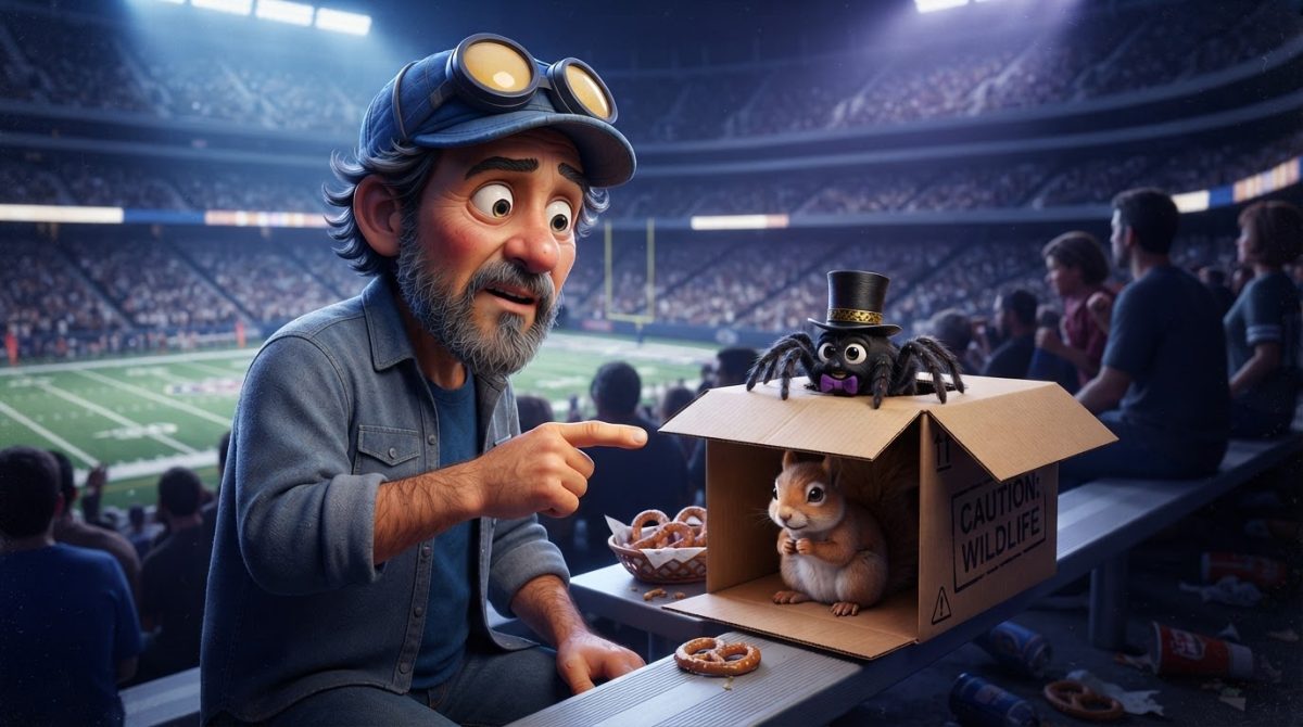 Howe Weird and Pip in stadium stands with an overwhelmed squirrel rescue scene