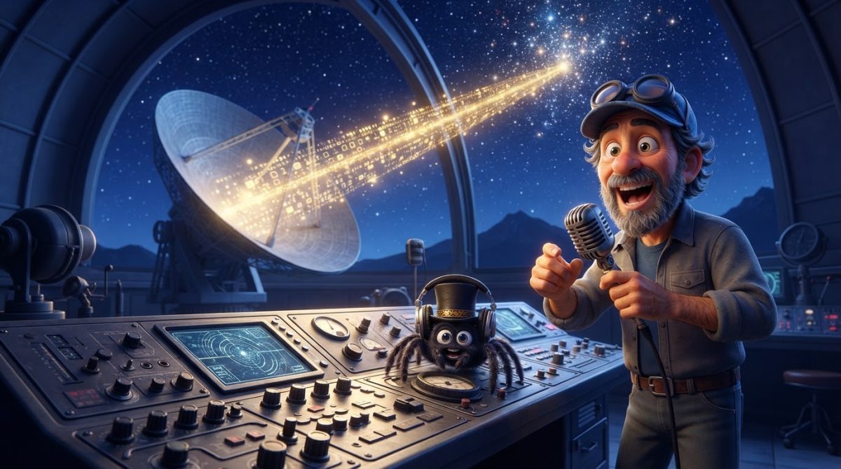 Howe Weird and little Pip in 3D cinematic style send a radio message toward distant stars