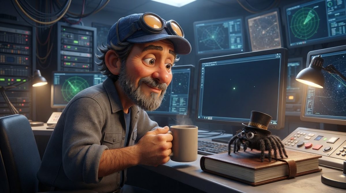 Howe Weird and little Pip in 3D cinematic style study UAP data in a science room