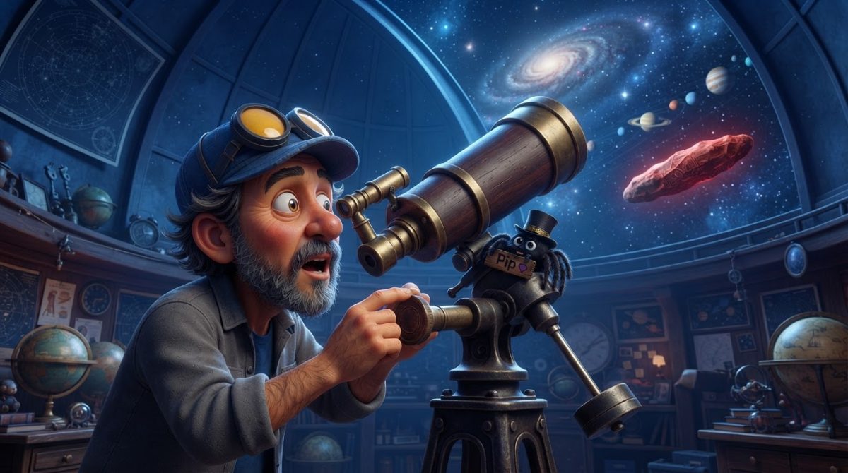 Howe Weird and little Pip in 3D cinematic style observe Oumuamua through a telescope