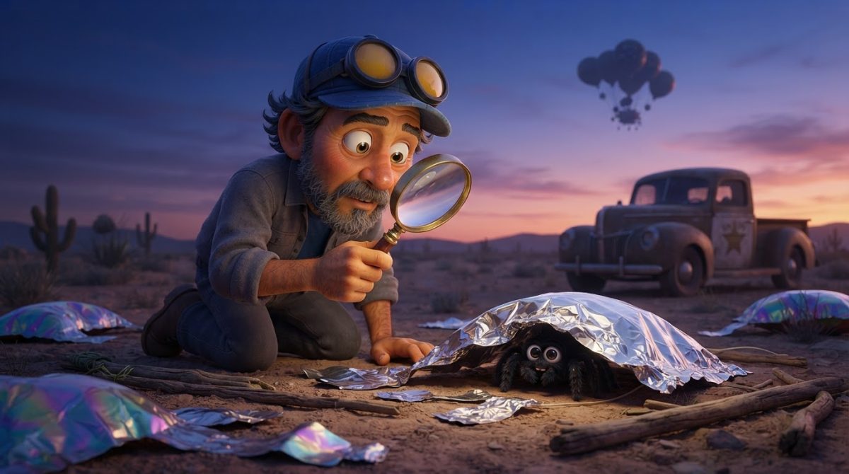 Howe Weird and little Pip in 3D cinematic style inspect mysterious balloon debris near Roswell