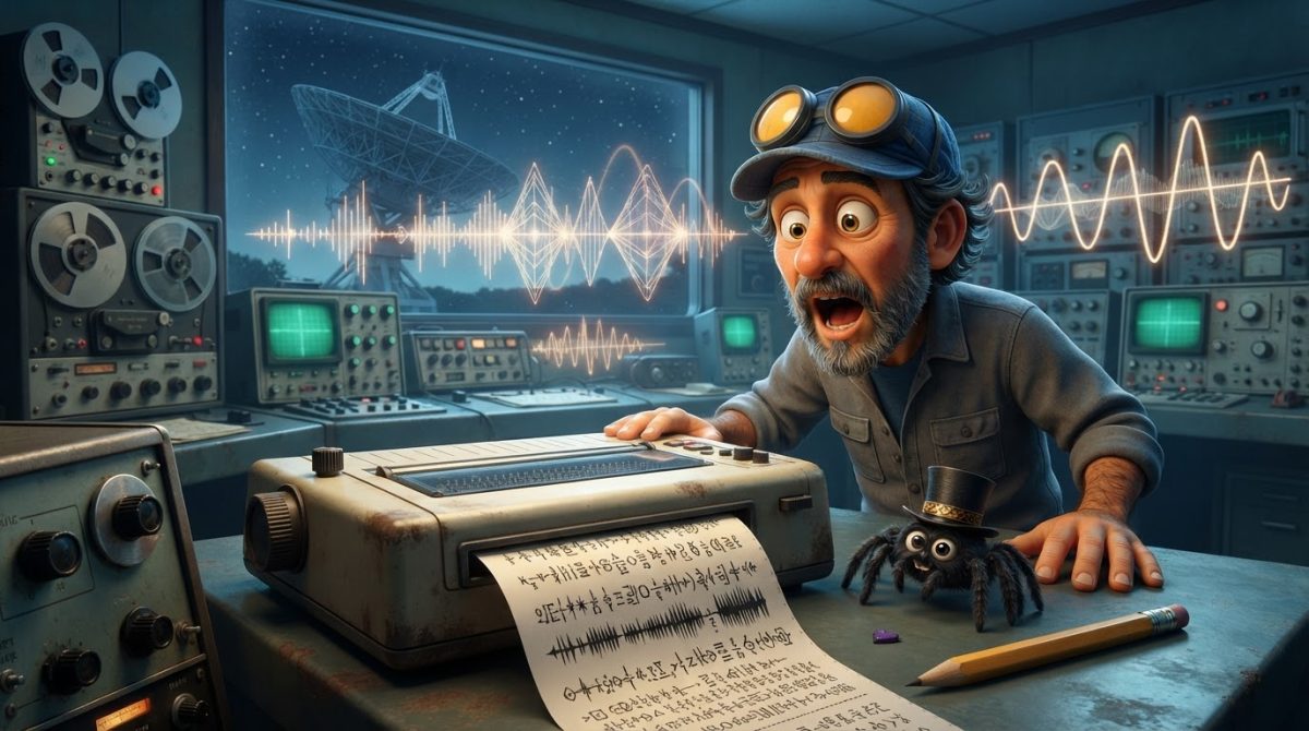 Howe Weird and little Pip in 3D cinematic style react to a mysterious radio signal printout