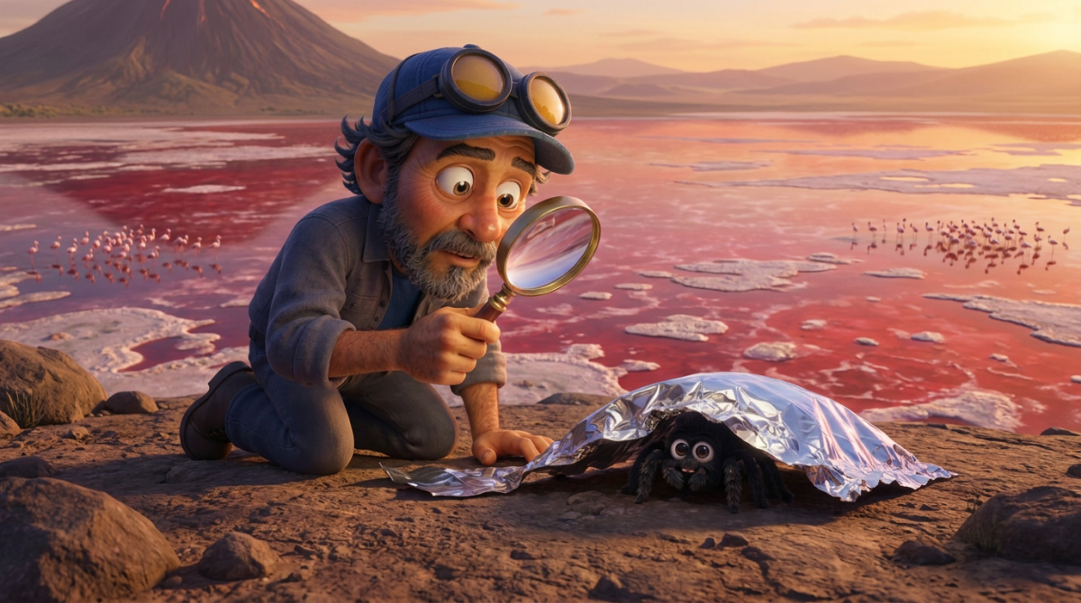 Howe Weird kneeling with a magnifying glass while Pip hides under a cover above Lake Natron in Tanzania