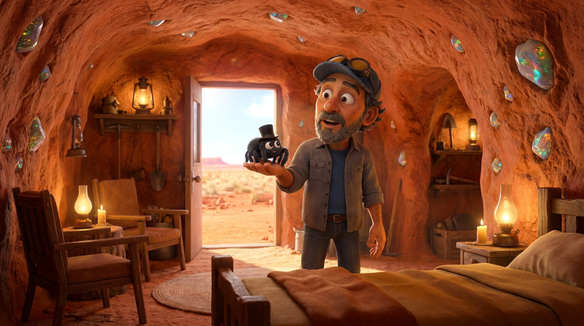 Howe Weird and Pip the spider wearing a top hat standing amazed inside an underground dugout room in Coober Pedy Australia